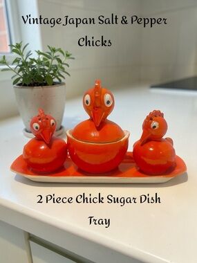 Rare Vintage Ceramic Chicks Salt & Pepper & Sugar Dish Set on Tray Orange Japan